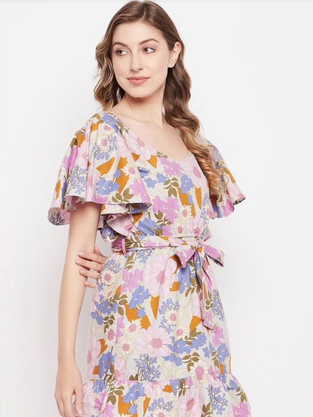 Flutter-Sleeve 100% Cotton & 100% Linen Floral Mini Dress in Pastel Pink/Blue